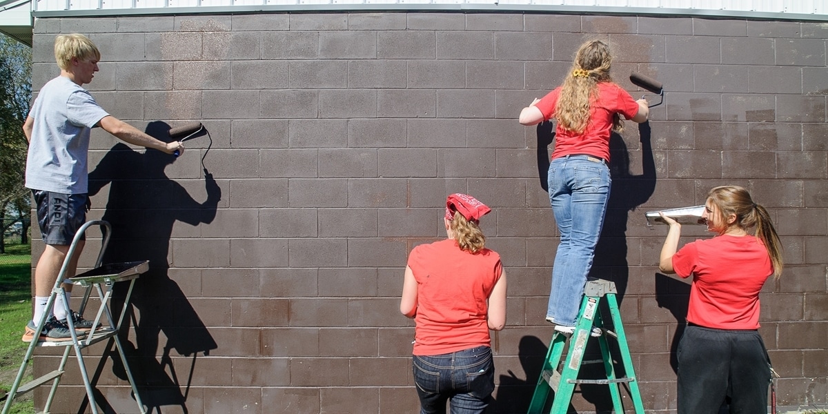 Northwestern students paint a building as part of their service-learning experience.