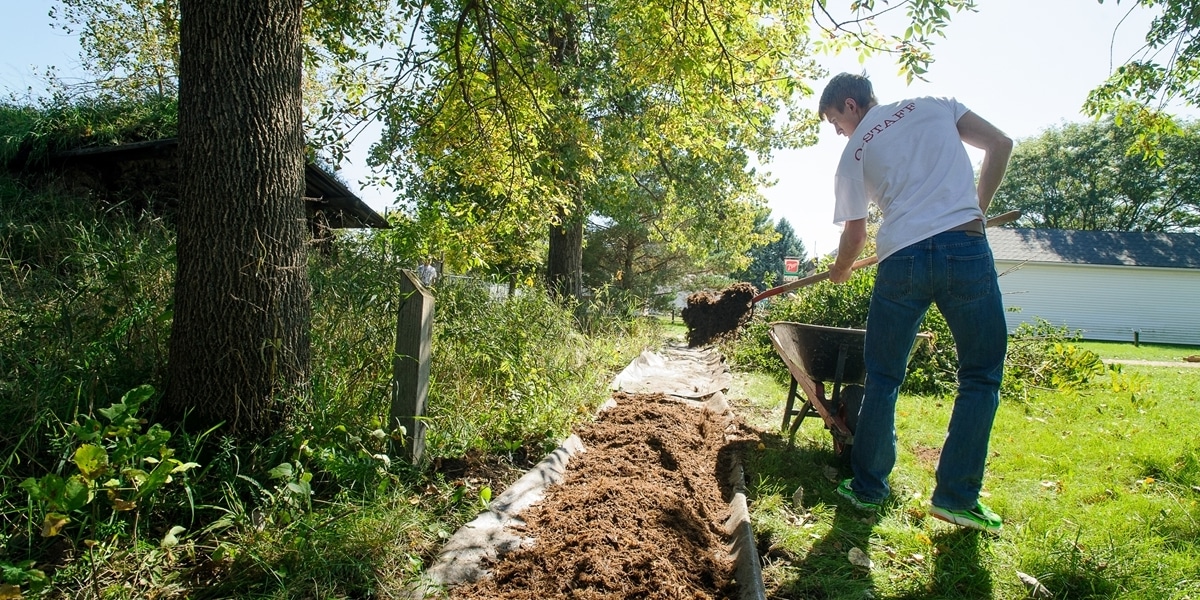 Northwestern students help with landscaping as part of their service-learning experience.