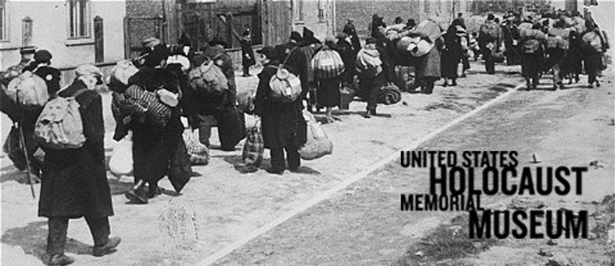 ews carrying their possessions during deportation to the Chelmno killing center. Most of the people seen here had previously been deported to Lodz from central Europe. Lodz, Poland, January–April 1942. United States Holocaust Memorial Museum archives